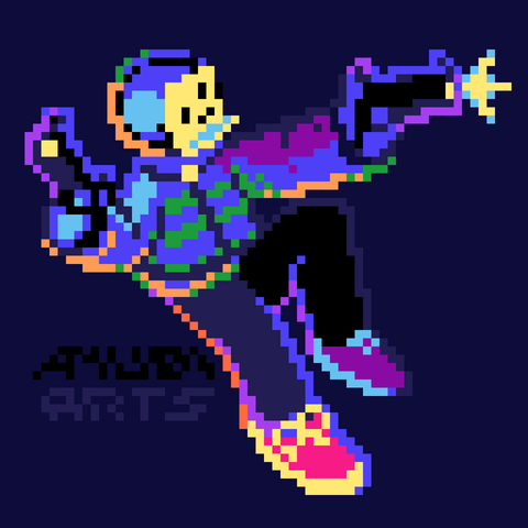 A Pixel Art featuring someone with a sticker as their face, using two pistols and leaning backwards in the air. They're wearing a jacket, dark pants and red shoes, while firing one of their weapons to the right side of the image.