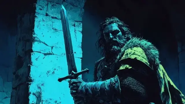 A solo DnD fighter wandering through a dark and dimly lit dungeon.