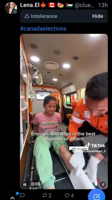 Screen capture of a post about an injured Palestinian child was flagged as Intolerance with description: "discrimination against protected groups".