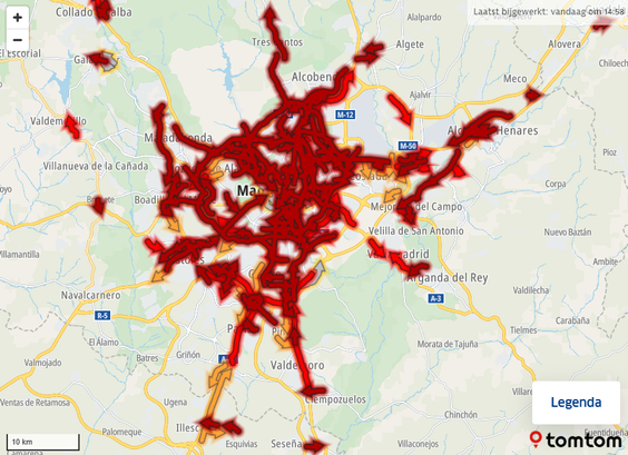 Kaart van Madrid: verkeer staat muurvast na landelijke stroomstoring