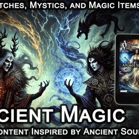 A mystical illustration features two powerful spellcasters, one with long, flowing hair and a green aura, and the other with dark, wild hair and a commanding presence, both surrounded by swirling magical energies. In the background, a dramatic sky crackles with lightning, while arcane symbols and a shadowy creature add to the atmosphere. Prominently displayed is the title "ANCIENT MAGIC" along with the text "5e Content Inspired by Ancient Sources!" and an image of the book cover on the right.
