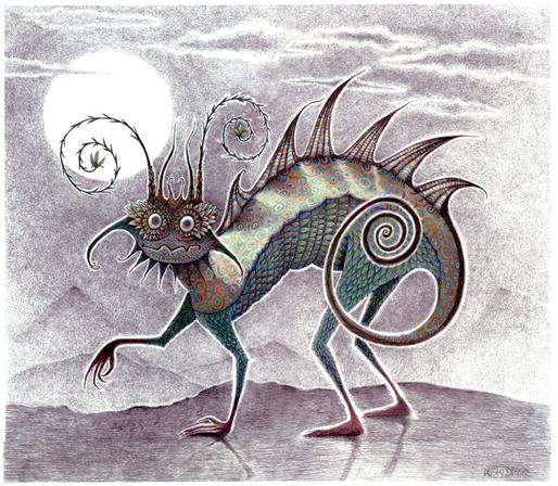 A startled looking creature stares with alarm at the viewer, frozen in place. Drawn in pencil with purple, green and bits of other colors. Behind its head, a white circle of moon. NOTE: This description is created especially for my lovely blind friend, Georgiana. :-)