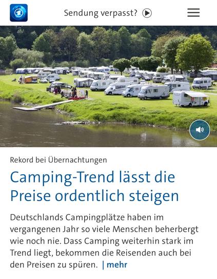 Sendung verpasst?
Rekord bei Übernachtungen
Camping-Trend lässt die Preise ordentlich steigen
Deutschlands Campingplätze haben im vergangenen Jahr so viele Menschen beherbergt wie noch nie. Dass Camping weiterhin stark im Trend liegt, bekommen die Reisenden auch bei den Preisen zu spüren. | mehr🖖
