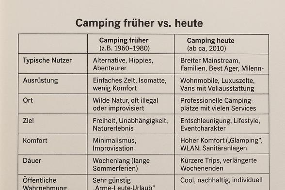 Camping früher vs. heute

Camping früher (z.B. 1960-1980)
Camping heute (ab ca, 2010)
Typische Nutzer
Alternative, Hippies, Abenteurer
Breiter Mainstream, Familien, Best Ager, Milenn-
Ausrüstung
Einfaches Zelt, Isomatte, wenig Komfort
Wohnmobile, Luxuszelte, Vans mit Vollausstattung
Ort
Wilde Natur, oft illegal oder improvisiert
Professionelle Campingplätze mit vielen Services
Ziel
Freiheit, Unabhängigkeit, Naturerlebnis
Entschleunigung, Lifestyle, Eventcharakter
Komfort
Minimalismus, Improvisation
Hoher Komfort („Glamping", WLAN. Sanitäranlagen
Dauer
Wochenlang (lange Sommerferien)
Kürzere Trips, verlängerte
Wochenenden
Öffentliche
Wahrnehmuno
Sehr günstig
Arme-| eute-Urlaub"
Cool, nachhaltig, individuell🖖