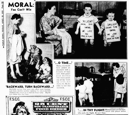 Newspaper clipping from the “Daily News” in New York City, on 1939 April 28. Photographs of a mother and her two children wearing signs that say “Daylight Saving Time Unfair: We Lose One Hour of Play”.