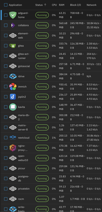 screenshot of applications running in TrueNas docker containers