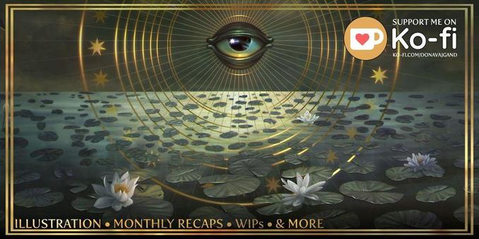 Ko-Fi banner showing what you can find on my page: illustration, monthly recaps, WIPs, and more!