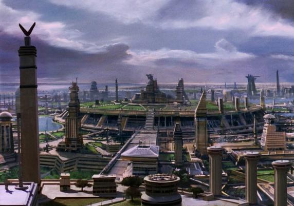 The Romulus city matte painting used in Star Trek The Next Generation episode Unification. It shows a futuristic city by the sea, with several parks and lawns, and with pillars and obelisks reminiscent of the Roman Empire.