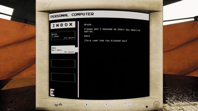 A CRT showing an email:
Brock, 
Please don't message me again you absolute maniac. 
Mary
[This user has now blocked you.]