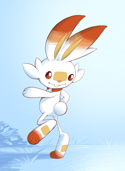 The pokemon scorbunny on a pale blue background.
