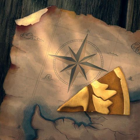 A graphic showing the third Piece of Eight placed near the edge of a map on a table. The table is a roughly hewn greyish-brown wood, while the map is a ragged, frayed piece of parchment with the top left corner (the only corner visible) folded over a little. On it are depictions of clouds and waves, and the coastline of some unknown land. In the centre is a giant image of a compass star, which sits beside the tarnished metal triangle of the coin section. This piece itself shows what appear to be mountains, and perhaps a small section of a skull that just includes the top part of an eye socket.