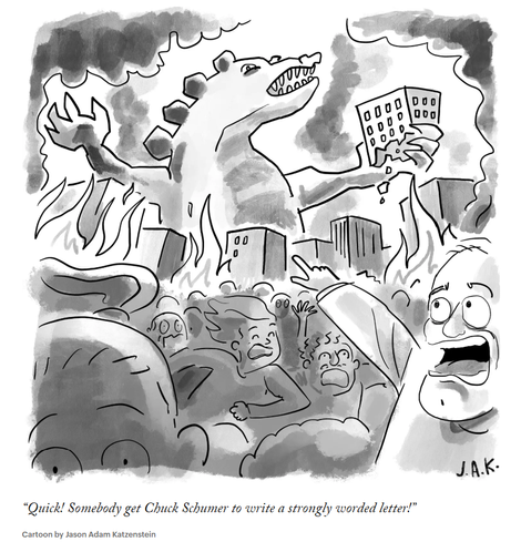 New Yorker cartoon of a giant monster destroying a city, flames, people fleeing, and one man points to the monster and says "Quick! Somebody get Chuck Schumer to write a strongly worded letter." Cartoon by Jason Adam Katzenstein
