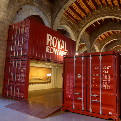 Shipping containers used as the housing for an exhibit about shipping at the Museu Marítim de Barcelona.
