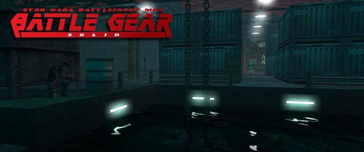 Teaser-Bild für meinen Text zu Battle Gear Solid. Auf dem Screenshot sieht man den Helden an einem unterirdischen Pier neben einer Wand kauern. Im Hintergrund schleichen Wachen in weißen Wintermänteln zwischen Containern umher.