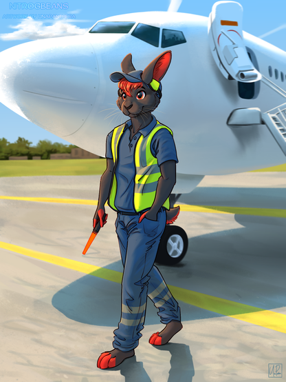 A black anthro rabbit with red eyes & markings walks across an airport tarmac, with the nose of a plane visible in the background. He is wearing a ground crew uniform complete with protective headphones, cap, and hi vis vest.