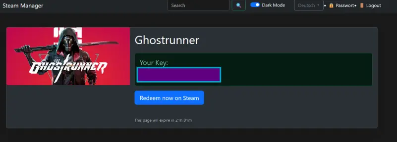 A screen if the giveaway/redeem website.

On the left a preview picture of the game. The key is blurred (for reason) and there is a redeem on steam link.