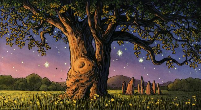 Illustration of a large oak tree in a field of grass with standing stones in the distance. Set at sunset, the sky is pink and blue with stars.