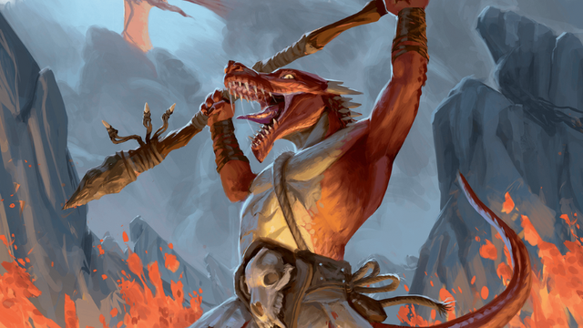 Official DnD artwork featuring a kobold warrior holding a staff in the air and surrounded on all sides by flames.