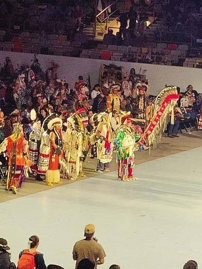 This photo is of the beginning of the Grand Entry of the dancers at the Gathering of Nations Powwow. The dancer holding the eagle staff is waiting to start out into the coliseum. The eagle staff is held up and it has a war bonnet on the top and the pole is decorated with red and tan patterned cloth and leather fringe. He is wearing regalia that is a green tunic on top and red pants. Behind him are the five men in war bonnets and some of their regalia is buckskin with fringe.  Just behind them a little to the left are the head male and female dancers. Both of very detailed regalia.