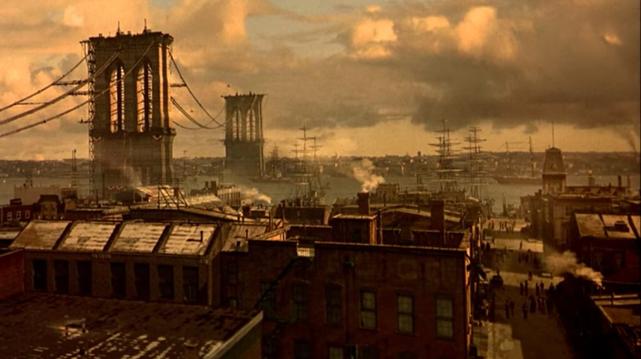 A view of New York City in the 1880s, showing the foundations for the Brooklyn Bridge as it is being constructed
