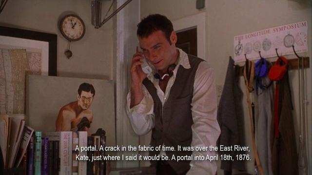 A man in a contemporary apartment. He's on the phone, speaking to someone, saying, “A portal. A crack in the fabric of time. It was over the East river, Kate, just where I said it would be. A portal into April 28th, 1876.”