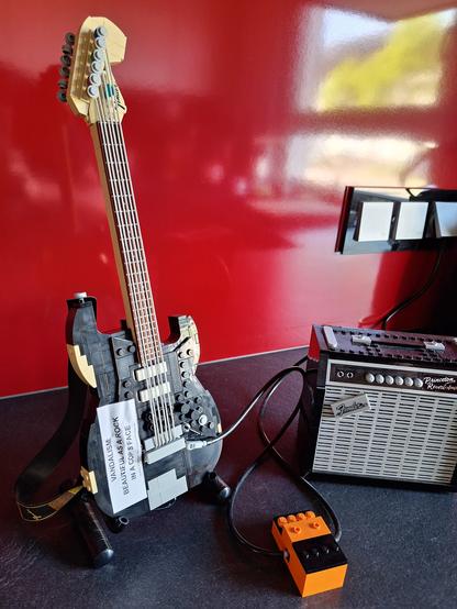 LEGO Stratocaster Guitar modded to Kurt Cobain Vandalism Strat with Boss DS-2 Turbo Distortion pedal.