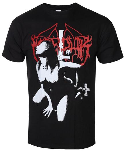 a black t-shirt. On it is the logo of the band Marduk, an inverted cross and a half-naked woman who is inserting a cross into her vagina