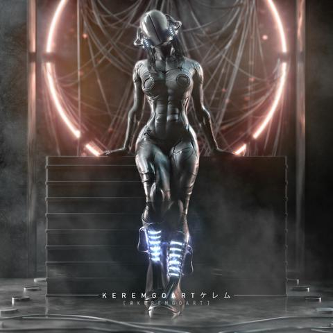 digital artwork of a female cyborg standing in front of an altar with futuristic design and circular neon light on the background