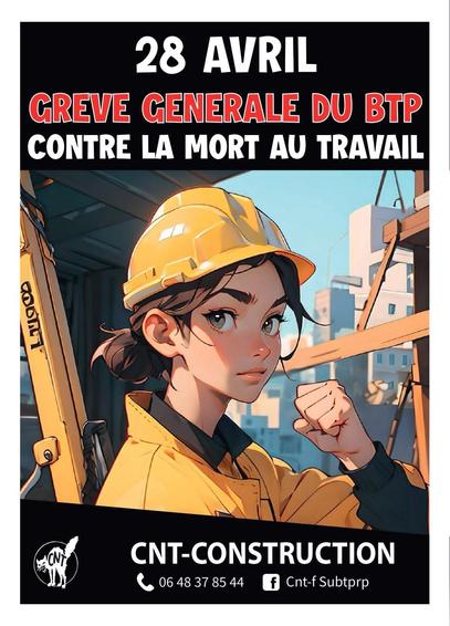 Visuel 28 avril grève générale du BTP contre la mort au travail CNT-Construction
Une ouvrière du BTP avec casque et veste de travail jaune