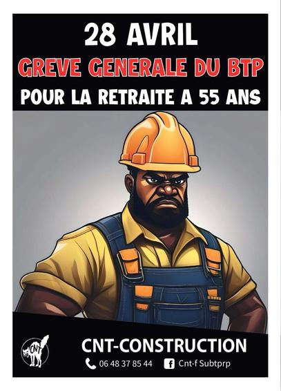 STICKER 28 avril grève générale du BTP pour la retraite a 55 ans CNT-Construction
Un ouvrier du BTP avec casque et chemise jaune et pantalon de travail bleu
