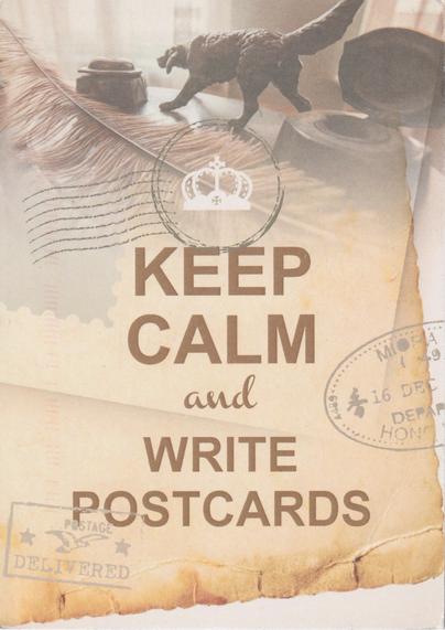 Image side of a postcard, showing pergament paper and a feather in the background.
Multiple Postage stamps on it, one with a crown, one "Postage delivered" with a bird and one half off, probably from Hong Kong.
There is "Keep Calm and write Postcards" written in big letters on the card.