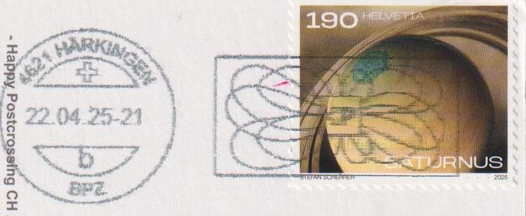 Stamp on a postcard from the switzerland with the saturn on it. It was stamped in 22.04.2025 in Härkingen.