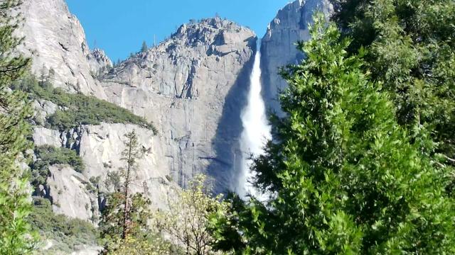 Brilliant blue sky, sunlit grey rocks, a frame of green trees, and the white cascade of Upper Yosemite Fall today in Yosemite National Park. This beautiful web camera image comes from the Yosemite Conservancy, who host a live streaming camera with this view.