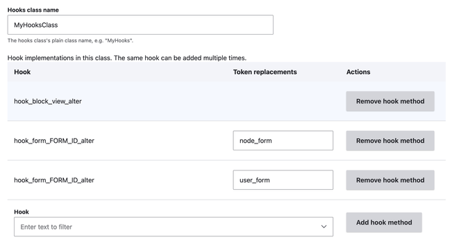 A screenshot of the Module Builder 4.1.0 UI for adding a hooks class. The form shows a table of hook names with a textfield for dynamic token replacement, and with a form element at the bottom to add another hook.