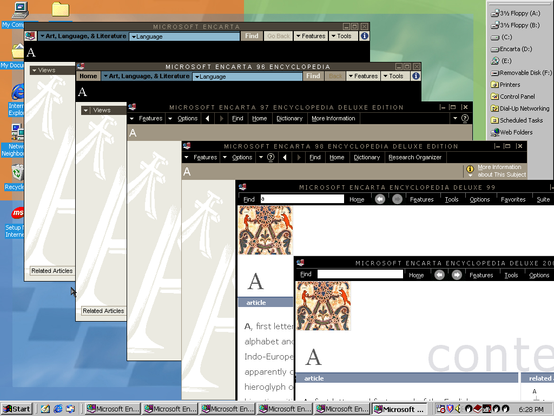 Multiple versions of Encarta opened in Windows 98 with Microsoft Plus! 98. From top-left to bottom right: Encarta 95, Encarta 96, Encarta 97 Deluxe, Encarta 98 Deluxe, Encarta 99 Deluxe, and Encarta 2000 Deluxe.