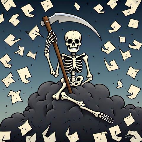 a skeleton wielding a scythe hacking sheets of paper to represent death by 1000 paper cuts