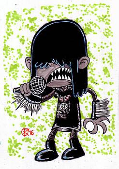 a fan's drawing of the character Lucy from the animation show "The Loud House". In the show, she's always shown completely dressed in black with her long black hair hanging over her eyes. It's the same in this drawing, but she's looking far more aggressive and evil than in the show because she's aditionally wearing a shirt with multiple sharp blades on the sleeves and she's depicted with sharp teeth while screaming into a microphone
