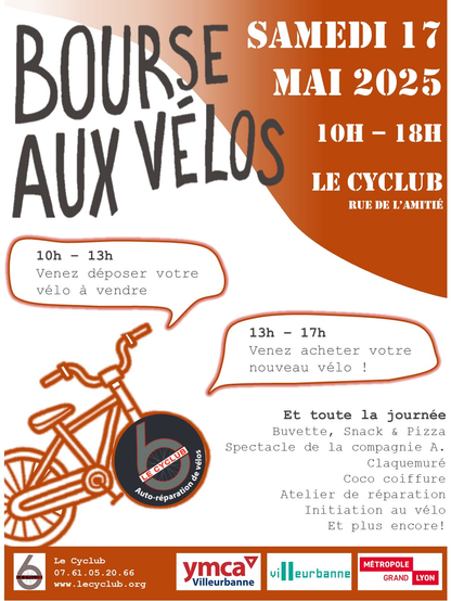 Affiche indiquant l'adresse (rue de l'Amitié) et les horaires :
10 heures 13 heures venez déposer votre vélo à vendre
13 heures 17 heures venez acheter votre nouveau vélo

Et toute la journée buvette, snack et pizza + spectacle + atelier de réparation