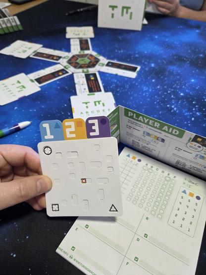 The boardgame Turing Machine. The image shows my answer sheet hidden behind a player aid/privacy screen, and in the background several cards are arrayed around a hexagon. I'm holding three punch cards over another card that is showing a red X