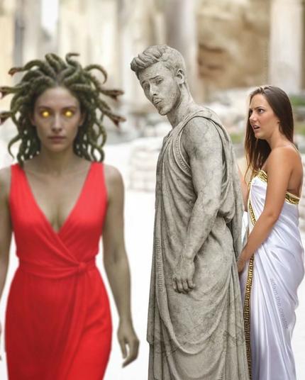 The medusa walking away, while a guy walking with girlfriend looks back at the medusa in admiration. The guy, obviously has turned to stone and his girlfriend looks annoyed.
