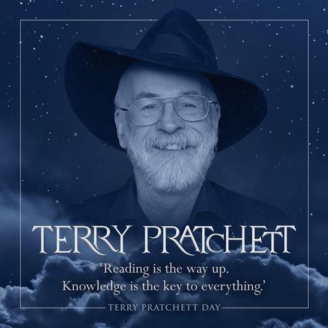 An image of Terry Pratchett, featuring his quote: "Reading is the way up. Knowledge is the key to everything."