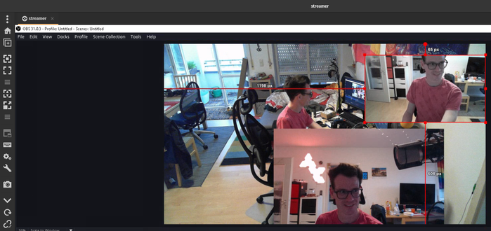 Screenshot von Remmina vai RDP auf Windows mit OBS und drei Webcams, die mich zeigen, wie ich in die Kameras grinse.