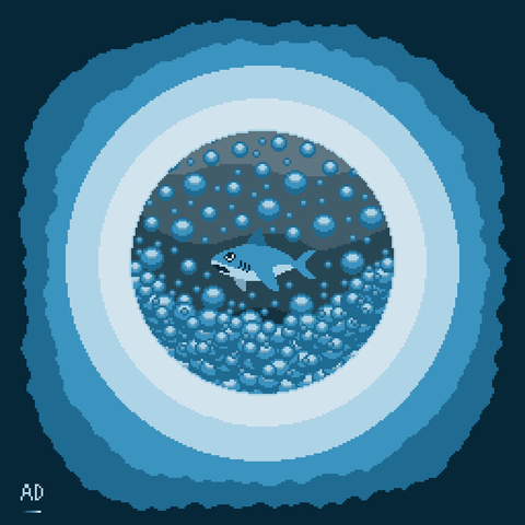 A pixel art drawing of a cartoon shark and bubbles in blue monochrome