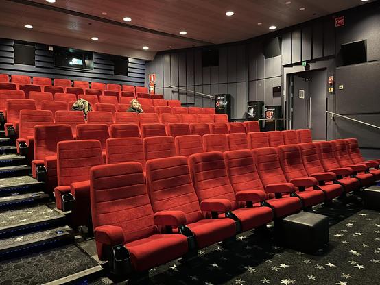 An empty cinema hall featuring red seating and a black carpet with star patterns. One person is seated in the audience.