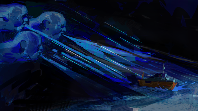illustration showing an allegory of the wind with figures blowing ice cold winds onto a lone ship at sea caught in a storm. brushtrokes use color jitter, indicating they were created in one of the softwares that support this feature. the brushwork is stylized  and uses flat color as if made from cutout colorful gouache paper.
