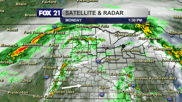The satellite and radar over Minnesota and the Northland at 1:30 p.m. on Monday, April 28, 2025, shows scattered showers and thunderstorms over the northcentral portion of Minnesota, moving to the northeast.  A line of thunderstorms over west-central and southwest Minnesota, which will likely be part of the severe weather threat over the Northland later today, is moving to the east/northeast.  A few other scattered showers are forming in the I-35 corridor and northwest Wisconsin, moving to the northeast.