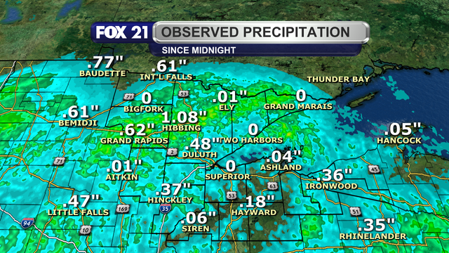Rainfall totals across the Northland from midnight through just after 1 p.m. on Monday, April 28, 2025, range from a couple-hundredths of an inch to just over 1-inch in the Iron Range region.