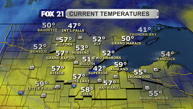 Temperatures in the Northland just after 1 p.m. on April 28, 2025, range from 42 to 59 degrees Fahrenheit.