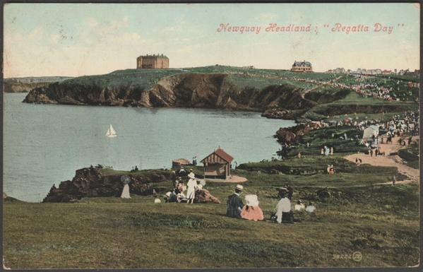 Printed colour postcard showing a highly animated view of the throngs crowding the Headland in Newquay, Cornwall on Regatta Day in 1902.

Published by Valentine & Sons Ltd, Dundee & London, Valentine's Series, No 38222.

Postally used on 15 September 1909 with double circle Newquay cancellation on green halfpenny stamp and sent to Miss Enoch Rickard, 4 Bellmans Row, Camborne.

Good condition, with slight corner bumps, but slightly floppy to bottom right corner.
