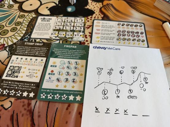 A single player setup of Rolling Realms is set up on a floral table cloth. The player’s score card shows the dice rolls of all 9 rounds as well as scores for the 3 games (11.5, 13.7, 12.3, and a total of 37.5). The realms for Stamp Swap, Finspan, and Tokaido are in the foreground. Tokaido’s realm is drawn on a notepad in place of an official card.